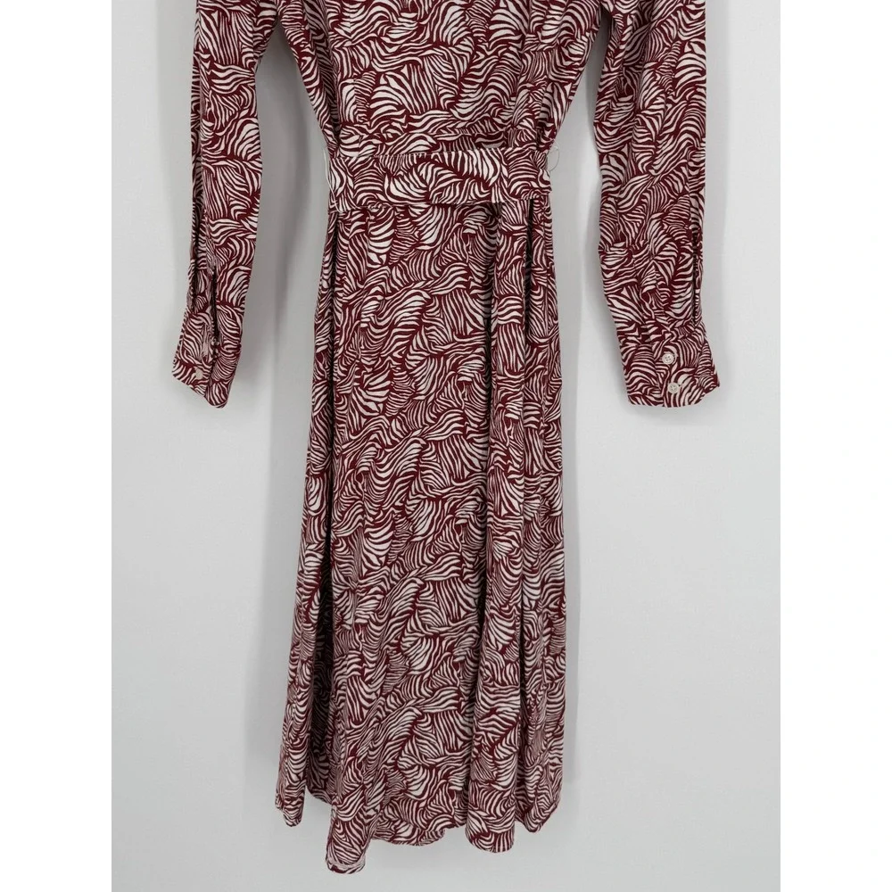Boden Ottilie Shirt Dress Size 6 Maroon White Wave Print Midi Long Sleeve Belted - Picture 7 of 10